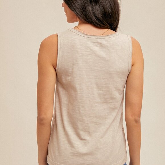 HEM & THREAD Neutral Henley Button Front Sleeveless Tank Top | Soft Beige Summer - Picture 4 of 4